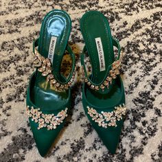 New Without Box Without Dust Bag. Scratch On The Side Green Manolo Blahnik Shoes, Luxury Green Elegant Mules, Purple Manolo Blahnik, Manolo Blahnik Flower Shoes, Manolo Blahnik Lurum, Manolo Blahnik Hangisi Purple, Fashion Shoes Heels, Flat Mules, Shoe Inspo