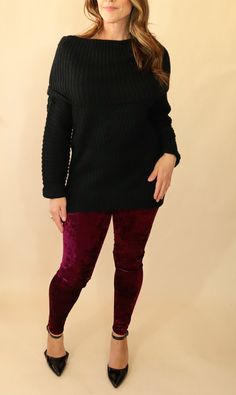 - Oh, hello crushed velvet, my old friend. So happy to see you again.- Crushed velvet leggings in burgundy and black. - Elastic waist, sits high. - These would look so cute paired with a long chunky sweater. About The Fit: I recommend sizing up one. Model's measurements are 38” bust x 29½” waist x 41” hips and a woman’s size 8-10. 5’5” tall. Photographed wearing a large. Velvet Tights Leggings, Burgundy Velvet Leggings Outfit, Red Velvet Leggings Outfit, Wine Leggings Outfit, Black Velvet Pants Outfit, Burgundy Leggings Outfit, Velvet Leggings Outfit, Burnished Winter, Christmas Leggings Outfit