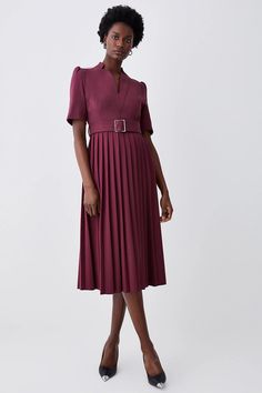 Pink Midi Pleated Dress, Pink Fitted A-line Pleated Dress, Fall Pink Pleated Dress, Pink Pleated Dress For Fall, Fitted Belted Dress With Pleated Waist In Midi Length, Fitted Belted Midi Dress With Pleated Waist, Fitted Midi Length Belted Dress With Pleated Waist, Pink Midi-length Pleated Dress, Belted Fitted Pleated Dress For Work