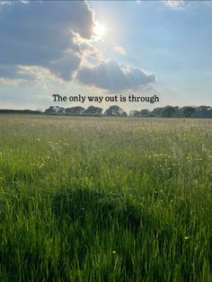 a field with grass and the sun in the background that says, the only way out is through