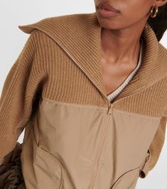 Paneled cashmere and wool-blend jacket  in brown - Brunello Cucinelli | Mytheresa Beige Wool Cardigan With Ribbed Cuffs, Merino Wool Outerwear For Fall Workwear, Fall Merino Wool Outerwear For Work, Recycled Wool Long Sleeve Workwear Outerwear, Recycled Wool Long Sleeve Outerwear For Work, Merino Wool Outerwear With Pockets For Fall, Fall Merino Wool Outerwear With Pockets, Beige Nylon Outerwear For Fall, Beige Half-zip Outerwear For Fall