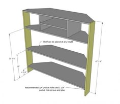 the plans for a bookcase with three shelves and one shelf is shown in grey