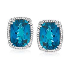 Ross-Simons - 20.70ct t. w. London Blue Topaz, .60ct t. w. Diamond Earrings in 14kt White Gold. Deeply radiant color, high-impact style in 20.70 ct. t. w. blue topaz and .60 ct. t. w. diamond earrings. Post/clip, 14kt white gold earrings. Blue Topaz birthstones are the perfect gift for December birthdays. Classic Topaz Earrings For Formal Occasions, Blue Diamond Earrings For Formal Occasions, Formal Topaz Earrings With Prong Setting, Classic Formal Topaz Earrings, Formal Topaz Earrings, Blue Pave Set Earrings For Formal Occasions, Formal White Gold Earrings With Blue Topaz, Formal Blue Topaz Earrings With Diamond Accents, Formal Blue Topaz Earrings