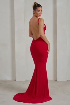 Endless Love | Red Backless Knot Detail Fishtail Maxi Dress Outfit Graduacion, Slick Bun, Big Bouncy Curls, Fishtail Maxi Dress, Red Maxi Dress, Red Gown, Fishtail Skirt, Black Tie Gala, Red Maxi