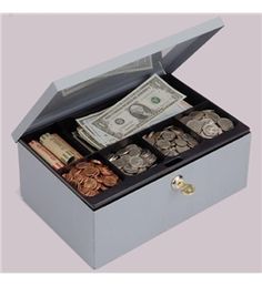 an open box with money in it on a white background