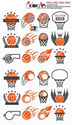 an orange and black basketball logo with different designs on the front, side, and back