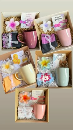 four different boxes with coffee mugs and other items in them, all wrapped up