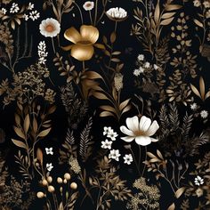 a black and gold floral wallpaper with lots of white flowers on the bottom right corner