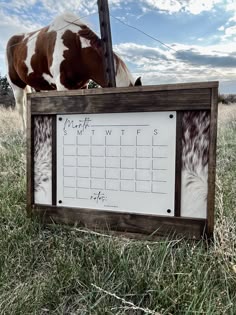 a brown and white horse eating grass next to a calendar on a wooden board in the middle of a field