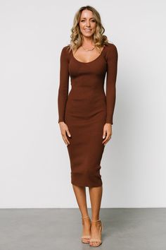 Eve Ribbed Midi Dress | Brown - Baltic Born Brown Dresses Outfit, Midi Long Sleeve Dress, Knitted Dress Outfit, Brown Bodycon Dress, Brown Knit Dress, Midi Dress Brown, Chocolate Brown Dress, Seasonal Outfits, True Autumn