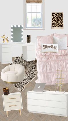 a bedroom with white furniture, pink bedding and leopard print rug on the floor