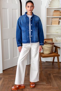 Japanese workwear inspired Cotton denim Drop shoulder Button front Patch pockets Button at cuff Great boxy shape Made in LA XS: Bust: 41", Length 24.5" S: Bust: 43", Length 25" M: Bust: 45", Length 25.5" L: Bust 47", Length 26" Boxy Denim Jacket, Japanese Workwear, Utility Shirt, 5 S, Shirt Jacket, Drop Shoulder, Patch Pocket, Work Wear, Denim Jacket