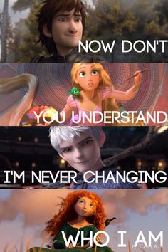 the same movie scene with different characters and words on each panel, including one that says'now don't you understand i'm never changing who i am