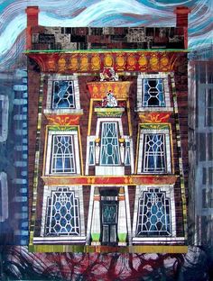 a painting of a multi - story building with many windows and decorations on the side