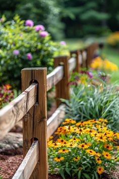 a wooden fence surrounded by flowers and plants