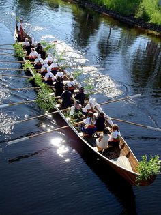 a long boat filled with people on top of a river next to grass growing in the water