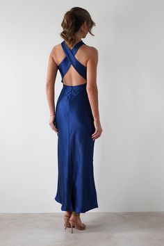 Stefanie Soft Satin Maxi Dress | Navy Maxi Dress Classy, Winter Cocktail Dress, Blue Wedding Guest Dresses, White Bridal Dresses, Maxi Dress Wedding Guest, V Dress, White Bridesmaid Dresses, Halter Top Dresses, Formal Dress Shops