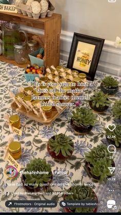 the table is covered with succulents and other things to eat on it