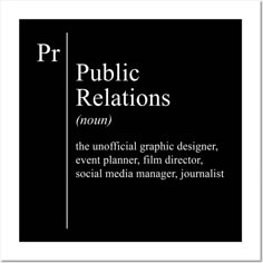 a black and white poster with the words pr public relationss in different font styles