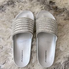 Brand New Sandals Never Worn And Look Very Sparkly In The Sun! Ordered From Amazon. Silver Round Toe Sandals For Summer, Silver Round Toe Summer Sandals, Silver Open Toe Flip Flops For Party, Trendy Silver Sandals For The Beach, Trendy Silver Adjustable Sandals, Trendy Adjustable Silver Sandals, Silver Summer Beach Sandals, Party Silver Synthetic Flip Flops, Trendy Silver Slide Sandals