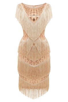 Multi-layer Tassel Sequin Flapper Dress | Rosegold | 3 Flapper Style Beaded Fringe Dress For Party Season, Summer Flapper Dresses With Sequins, Summer Flapper Sequin Dress, Glamorous Fitted Flapper Dress With Tassels, Glamorous Summer Flapper Dress With Tassels, Summer Gatsby Style Flapper Dress With Fringe, Gatsby Style Beaded Fringe Party Dress, Flapper Dress With Fringe For Party, Glamorous Sleeveless Flapper Dress With Tassels