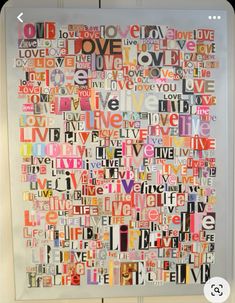 an art piece with words written in different colors and sizes on the front of it