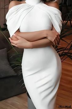 Olivia Mark - Elegant Womens White Patchwork Asymmetrical Turtleneck Evening Gown with a Solid Design Asymmetrical Mini Dress For Wedding, White Asymmetrical Bodycon Dress, White Asymmetrical Stretch Bodycon Dress, White Asymmetrical Bodycon Evening Dress, Dorothy Dandridge, Office Dresses For Women, Pencil Skirt Dress, White Short Dress, فستان سهرة