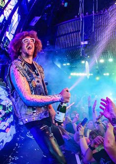 Marquee Celebrates Five Years with Party Rock Monday (Pictured: Redfoo Sprays Champagne – Photo credit: Al Powers). Marquee Nightclub, Monday Pictures, Fifth Anniversary, Cosmopolitan Las Vegas, Event Pictures, The Cosmopolitan, Party Rock, Monday Night