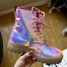 These Boots Are So Comfy And Perfect For Raves Or Festivals! Festival Knee-high Boots With Round Toe, Bohemian Multicolor Boots For Festivals, Platform Rave Boots, Pink Rave Boots, Purple Holographic Boots, Rave Shoes, Boots Diy, Dinosaur Wallpaper, Custom Boots