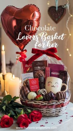 chocolate lover's basket for her with red roses and heart shaped balloon in the background