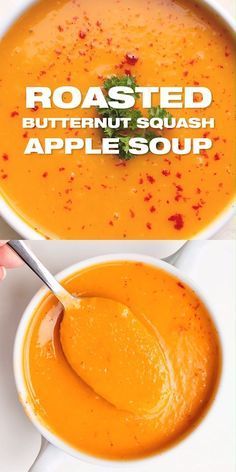 two bowls of roasted butternut squash apple soup with the title above it in white