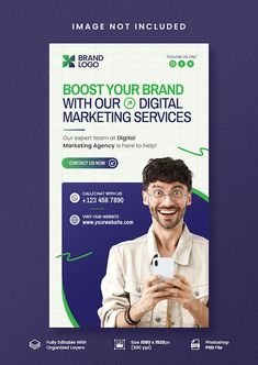 an advertisement for a digital marketing company with a man holding a cell phone in his hand