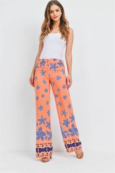 Stretch waistband floral print wide leg pants. Vacation Floral Print Wide-leg Pants, Floral Print Wide-leg Pants For Vacation, Floral Print Wide Leg Beach Pants, Trendy Floral Print Vacation Pants, Vacation Floral Print Wide Leg Bottoms, Floral Print Wide Leg Vacation Bottoms, Vacation Floral Print Ankle-length Wide Leg Pants, Floral Print Ankle-length Wide Leg Vacation Pants, Floral Print Wide Leg Ankle-length Pants For Vacation