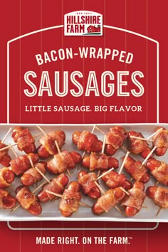 bacon wrapped sausages are displayed on a white platter with red stripes and the words, bacon - wrapped sausages little sausage big flavor made right on the farm