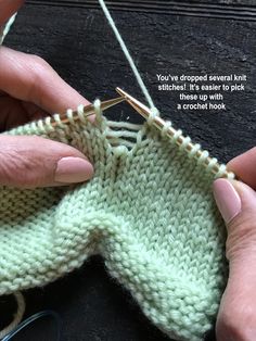 two hands are stitching together to make a knitted bag with the words, how to pick up dropped stitches in your knitting