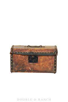 an old wooden box with rivets on the sides and handles is shown against a white background