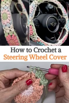 crocheted steering wheel cover with text overlay reading how to crochet a steering wheel cover