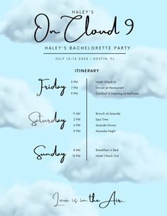 an event poster with clouds in the sky