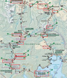 map of yellowstone national park showing the location of many trails and major lakes, along with other areas marked in red