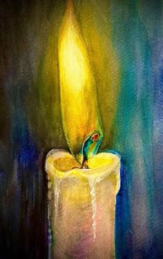 a painting of a lit candle with a bird on it's tip and green background