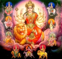 the goddess sitting on top of a lion surrounded by other deities