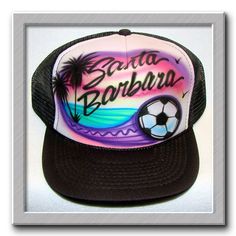 Airbrushed Trucker Hat *  Soccer Beach Scene * You Choose Wording by FreshAirShirts on Etsy White Fun 5-panel Baseball Cap, Fun White 5-panel Baseball Cap, White Fun Trucker Hat For Sports Events, White Fun Snapback Hat With Flat Bill, Fun White Snapback Hat With Flat Bill, White Fun Style Trucker Hat For Sports Events, Fun White Trucker Hat For Sports Events, Fun White Snapback Hat For Sports, Fun White Baseball Cap For Sports