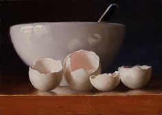 an oil painting of eggs in a white bowl