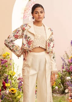 Chandrima-Ivory Embroidered Bolero Jacket-INDIASPOPUP.COM Optical Illusion Dress, Chic Prom Dresses, Size 20 Women, Trendy Outfits Indian, Lehenga Designs Simple, Indian Handloom, Clothes Closet Organization, Meaningful Drawings, Ivory Fabric