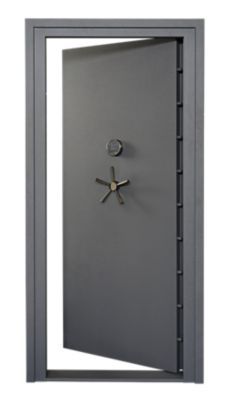 an open metal door with a clock on the front and side panels to indicate that it is safe