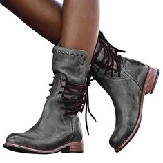 Style: Fashion. Stylish Item: Boots Upper Material: Faux Leather Toe: Closed Toe Closure Type: Lace-up. Zipper Heels: Low Heel Botas Western, Pu Boots, Low Heel Boots, Boots For Short Women, Zipper Heels, Winter Chic, Mid Boots, Rounded Toe Boots, Retro Shoes