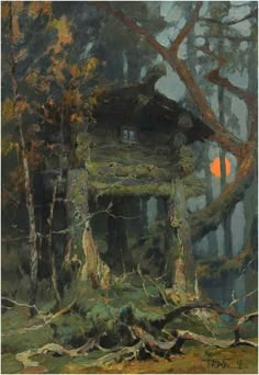 an oil painting of a house in the woods