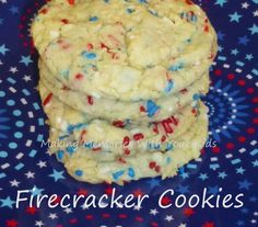 three cookies with red, white and blue sprinkles stacked on top of each other