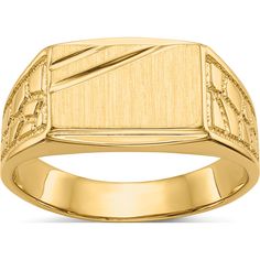 a men's gold signet ring with an arrow and cross on the side