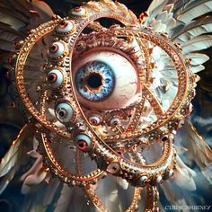 an eyeball with lots of beads and feathers around it